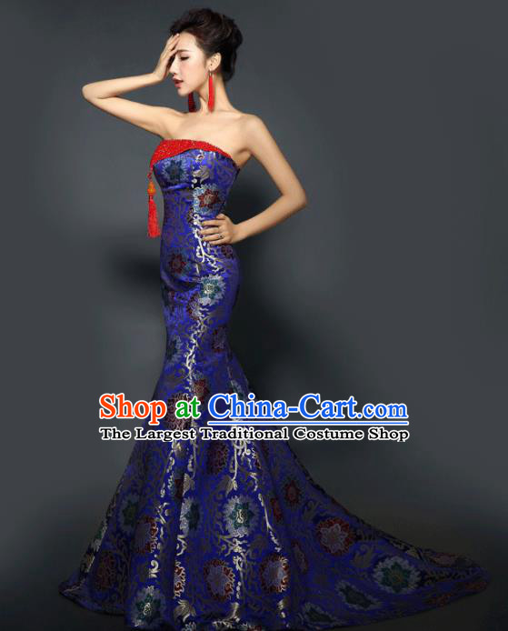 Chinese Traditional Qipao Dress Classical Costume Royalblue Satin Trailing Full Dress for Women