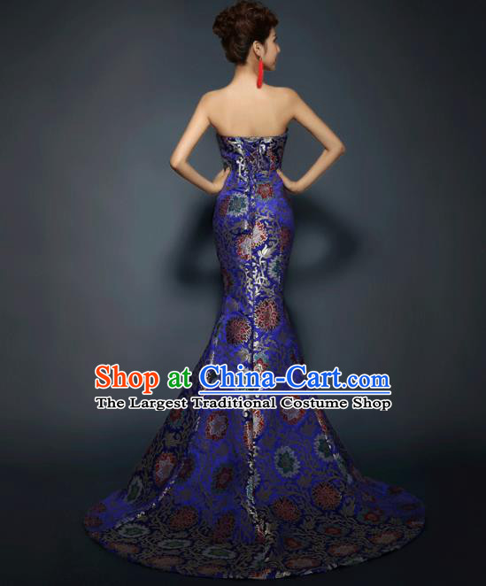 Chinese Traditional Qipao Dress Classical Costume Royalblue Satin Trailing Full Dress for Women