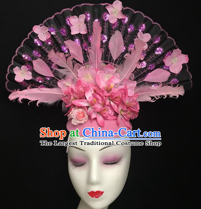 Chinese Stage Show Pink Feather Hair Accessories Traditional Catwalks Palace Headdress for Women