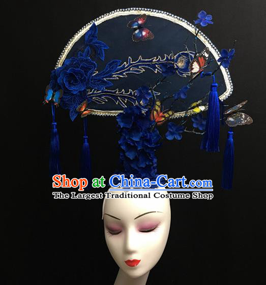 Chinese Stage Show Royalblue Peony Hair Accessories Traditional Catwalks Palace Headdress for Women