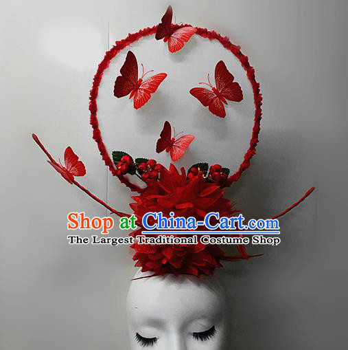 Chinese Stage Show Red Butterfly Hair Accessories Traditional Catwalks Palace Headdress for Women