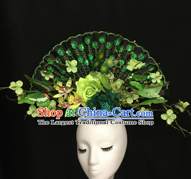 Chinese Stage Show Green Butterfly Peony Hair Accessories Traditional Catwalks Palace Headdress for Women