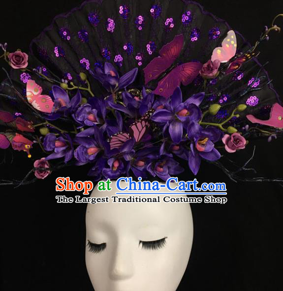 Chinese Stage Show Purple Flowers Hair Accessories Traditional Catwalks Palace Headdress for Women