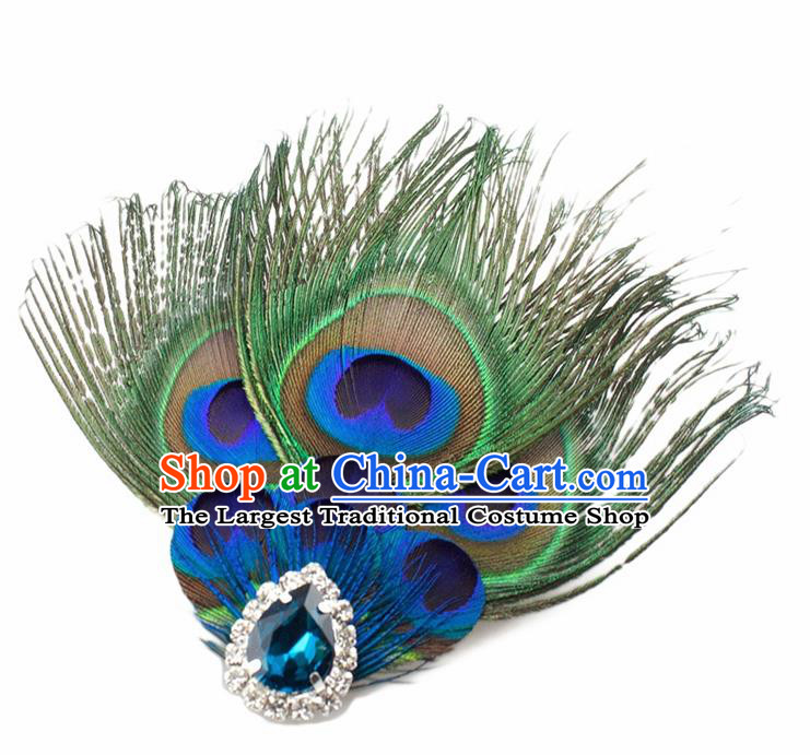 Handmade Peacock Feather Accessories Stage Show Crystal Brooch for Women