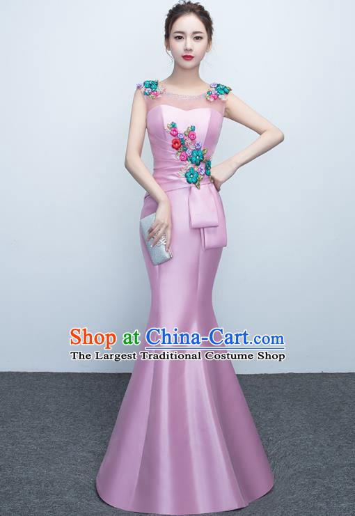 Top Stage Show Costumes Catwalks Compere Pink Satin Full Dress for Women