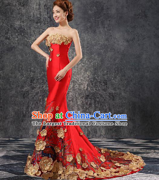 Chinese Traditional Wedding Trailing Qipao Dress Classical Costume Elegant Red Cheongsam for Women