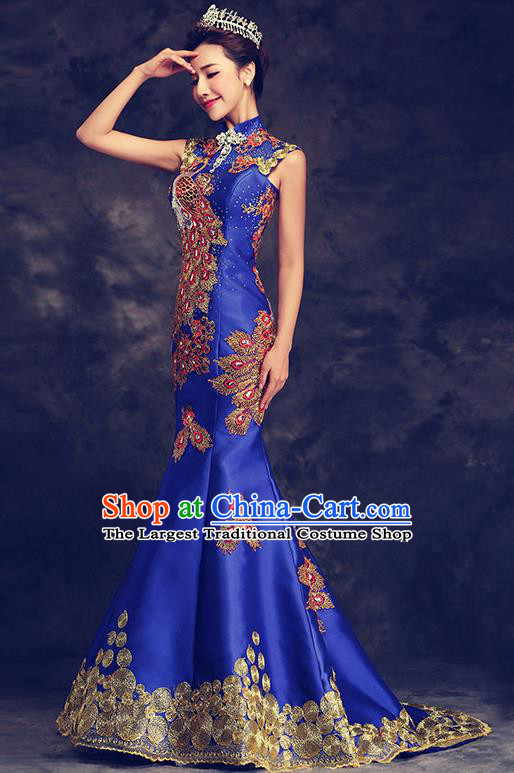 Chinese Traditional Elegant Wedding Qipao Dress Classical Costume Royalblue Mermaid Cheongsam for Women