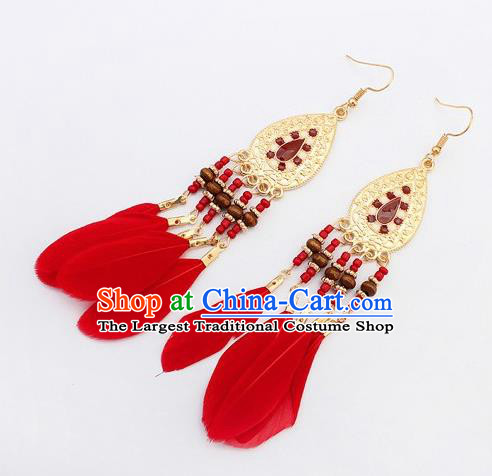 Handmade Bohemian Red Feather Earrings Stage Show Dance Ear Accessories for Women