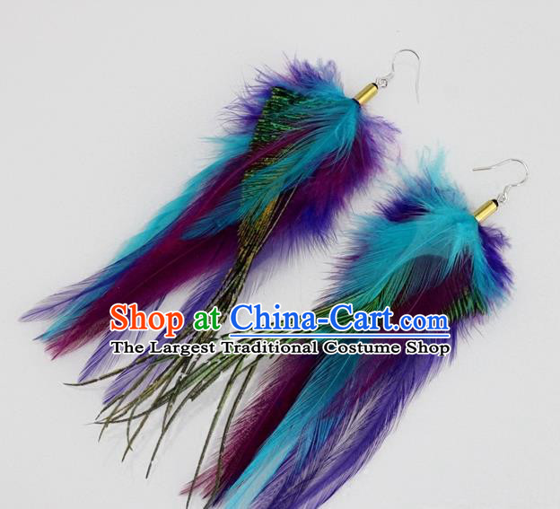 Top Halloween Ear Accessories Carnival Catwalks Purple and Blue Feather Earrings for Women