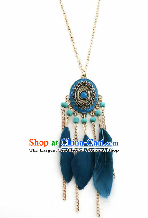 Handmade Bohemian Blue Feather Necklace Stage Show Dance Necklet Accessories for Women