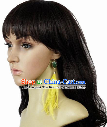 Top Halloween Yellow Feather Ear Accessories Carnival Catwalks Crystal Earrings for Women