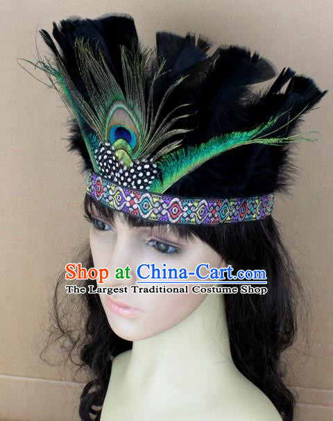 Top Rio Carnival Dance Hair Accessories Primitive Tribe Apache Knight Black Feather Headwear for Adults