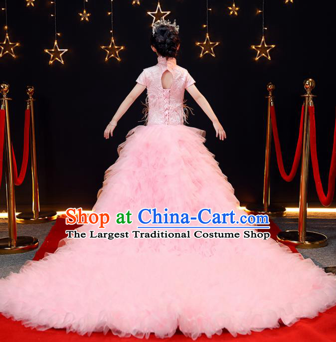 Top Modern Dance Costume Children Opening Dance Compere Performance Pink Feather Trailing Full Dress for Girls Kids