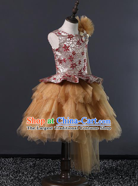 Children Modern Dance Costume Court Dance Compere Veil Bubble Full Dress for Girls Kids