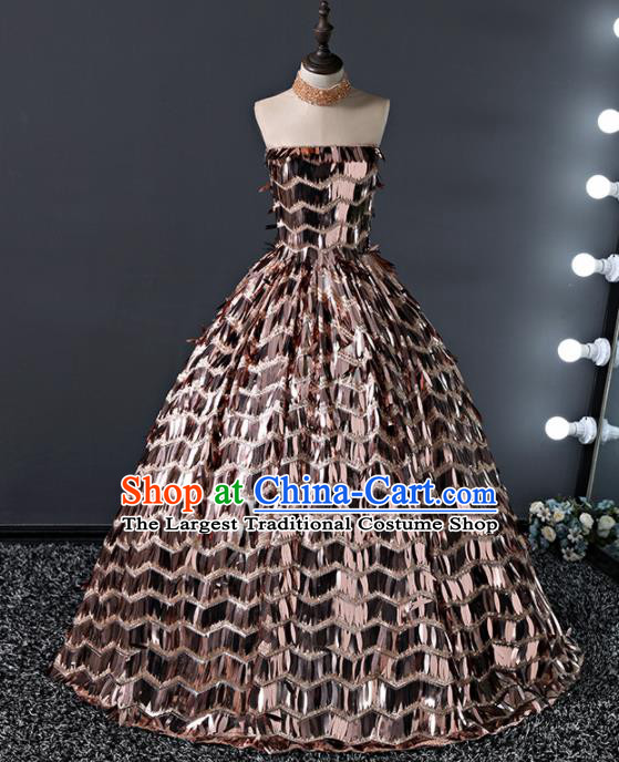 Children Modern Dance Costume Court Dance Compere Golden Sequins Full Dress for Girls Kids