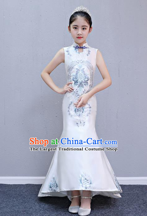 Children Modern Dance Costume Court Dance Compere White Cheongsam Dress for Girls Kids