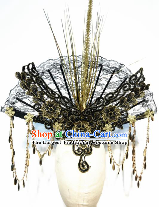 Top Chinese Stage Show Black Lace Fan Hair Accessories Halloween Fancy Dress Ball Headdress for Women