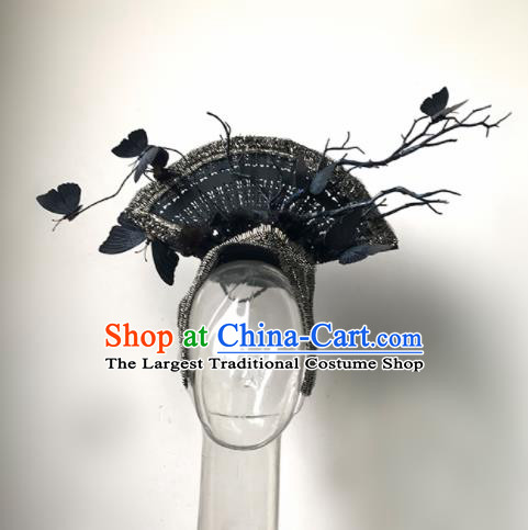Top Chinese Stage Show Black Fan Butterfly Hair Accessories Halloween Fancy Dress Ball Headdress for Women