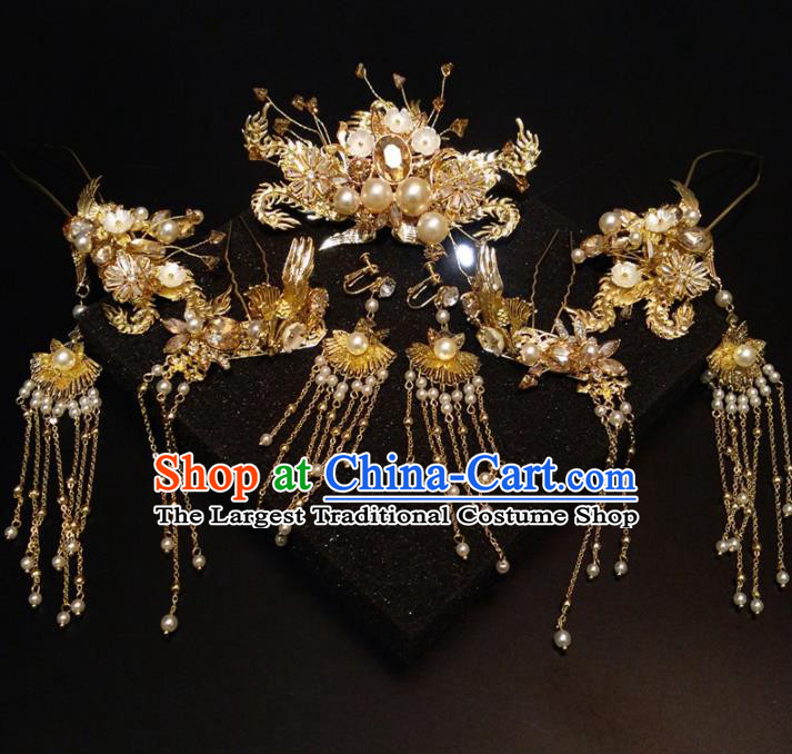 Top Chinese Traditional Wedding Phoenix Coronet Classical Pearls Hairpins Headdress for Women