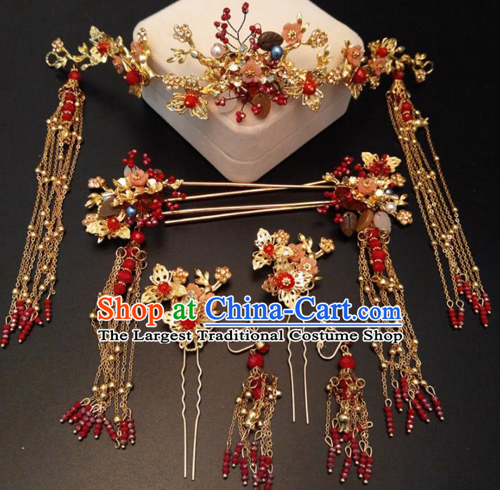 Top Chinese Traditional Wedding Phoenix Coronet Classical Red Tassel Hairpins Headdress for Women