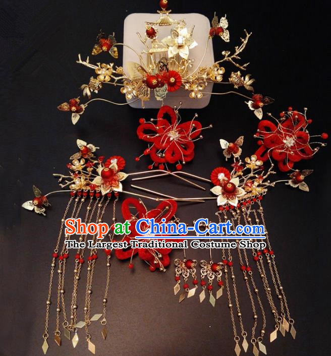 Top Chinese Traditional Wedding Phoenix Coronet Classical Red Hairpins Headdress for Women