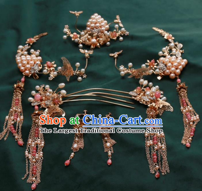 Top Chinese Traditional Wedding Hair Accessories Ancient Pearls Step Shake Hairpins Complete Set for Women