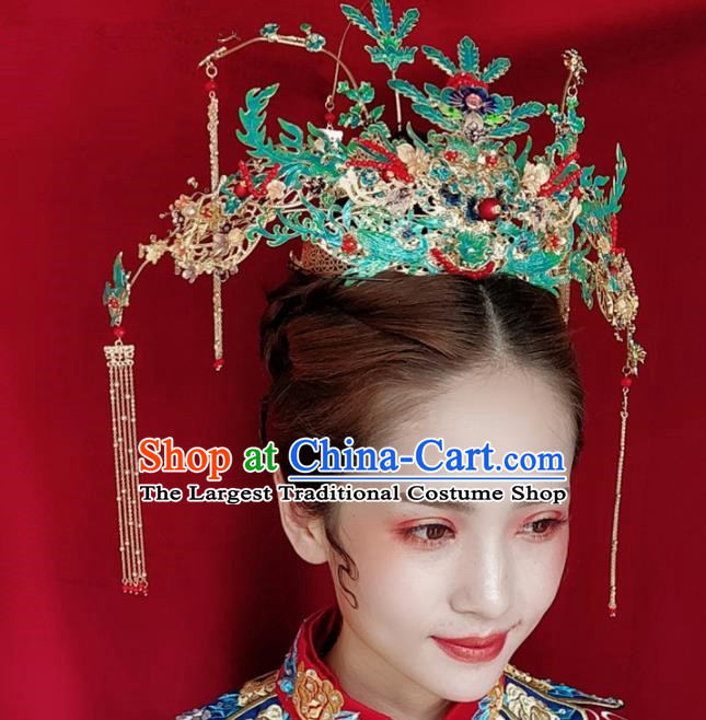 Top Chinese Traditional Hair Accessories Ancient Wedding Cloisonne Phoenix Coronet Palace Hairpins Complete Set for Women