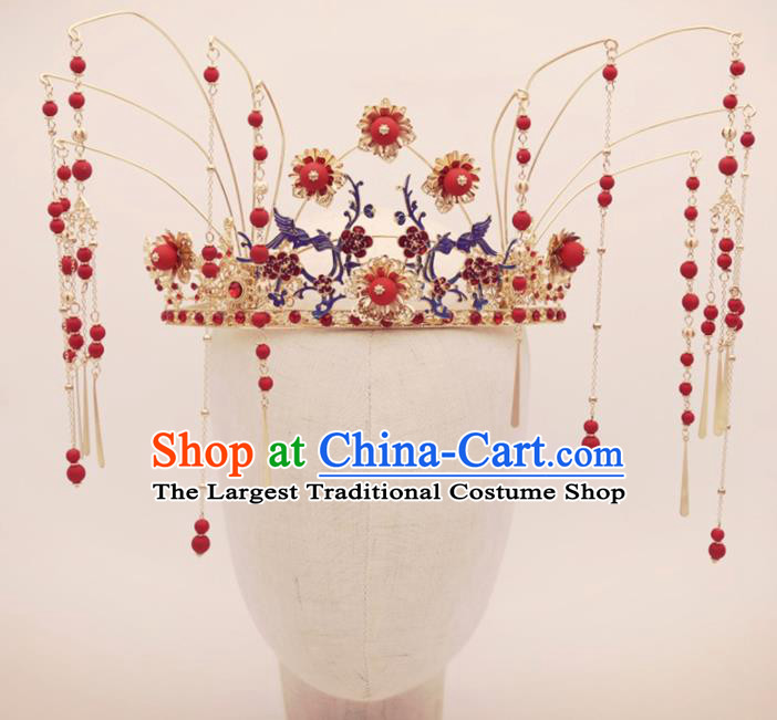 Top Chinese Traditional Hair Accessories Ancient Wedding Red Tassel Phoenix Coronet Palace Hairpins Complete Set for Women