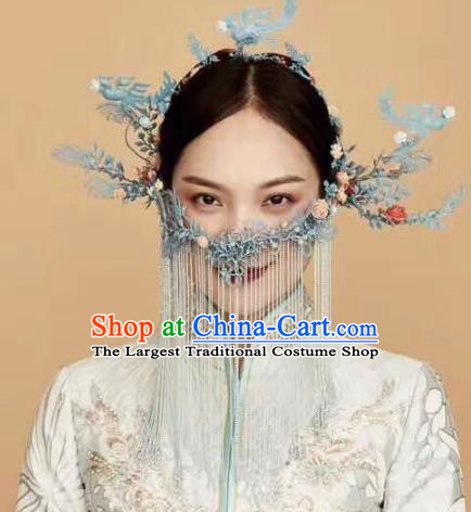 Top Chinese Traditional Palace Hair Accessories Ancient Blue Phoenix Coronet Hairpins Complete Set for Women