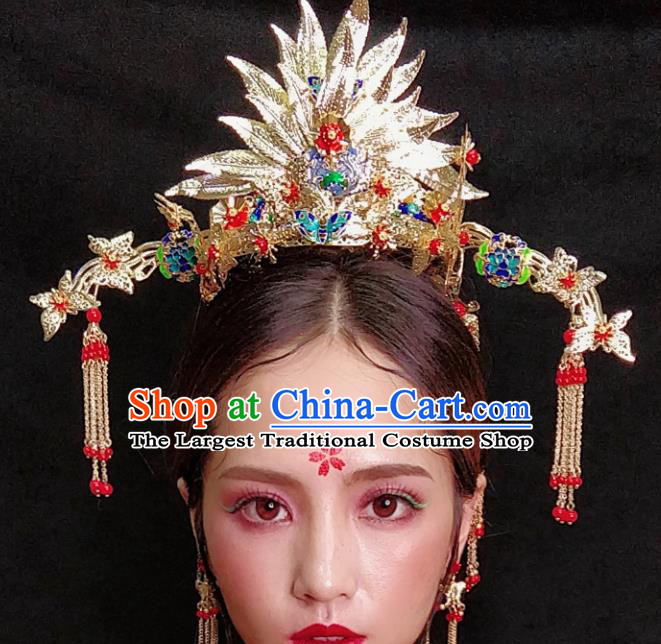 Top Chinese Traditional Wedding Hair Accessories Ancient Lotus Phoenix Coronet Hairpins Complete Set for Women