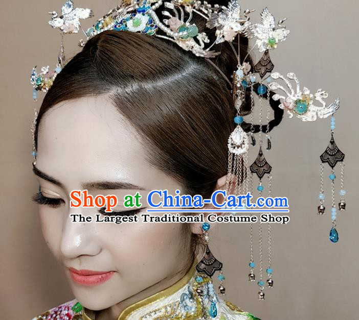 Top Chinese Traditional Wedding Hair Accessories Ancient Blueing Phoenix Coronet Hairpins Complete Set for Women