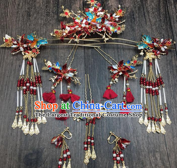 Top Chinese Ancient Traditional Wedding Hair Accessories Red Butterfly Phoenix Coronet Hairpins Complete Set for Women