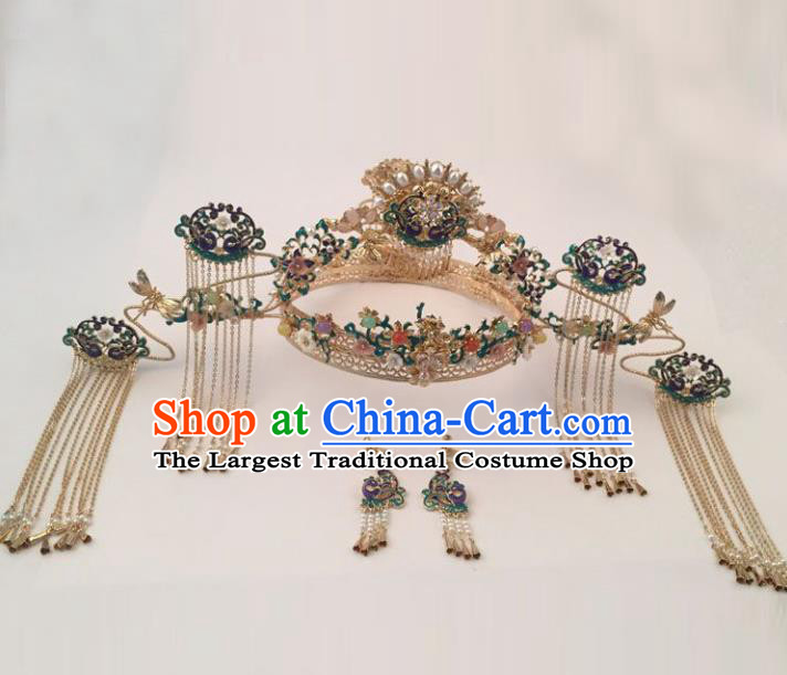 Top Chinese Ancient Traditional Wedding Hair Accessories Cloisonne Phoenix Coronet Hairpins Complete Set for Women