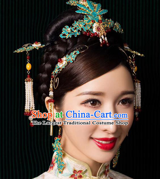 Top Chinese Ancient Traditional Cloisonne Hair Accessories Wedding Phoenix Coronet Hairpins Complete Set for Women