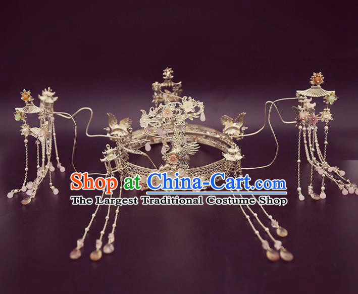 Top Chinese Traditional Wedding Hair Accessories Ancient Crystal Tassel Phoenix Coronet Hairpins Complete Set for Women