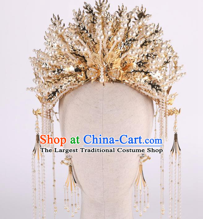 Top Chinese Traditional Wedding Hair Accessories Ancient Golden Tassel Phoenix Coronet Hairpins Headdress for Women