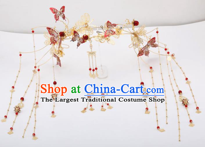 Top Chinese Traditional Wedding Hair Accessories Ancient Palace Red Butterfly Phoenix Coronet Hairpins Headdress for Women