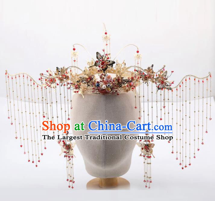 Top Chinese Traditional Wedding Hair Accessories Ancient Palace Red Tassel Phoenix Coronet Hairpins for Women