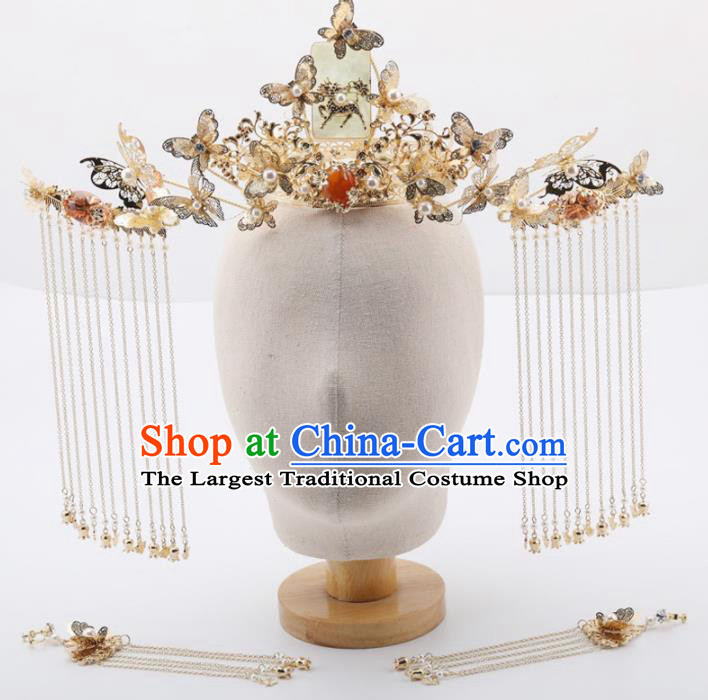 Top Chinese Traditional Wedding Hair Accessories Ancient Palace Butterfly Jade Phoenix Coronet Hairpins for Women
