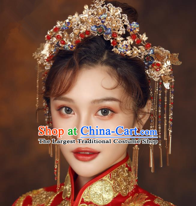 Top Chinese Traditional Wedding Hair Accessories Ancient Blueing Phoenix Coronet Hairpins Complete Set for Women