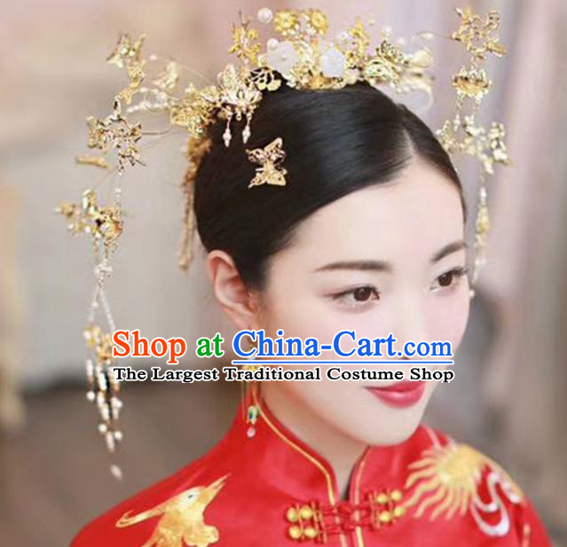 Top Chinese Traditional Wedding Hair Accessories Ancient Golden Butterfly Phoenix Coronet Hairpins Complete Set for Women