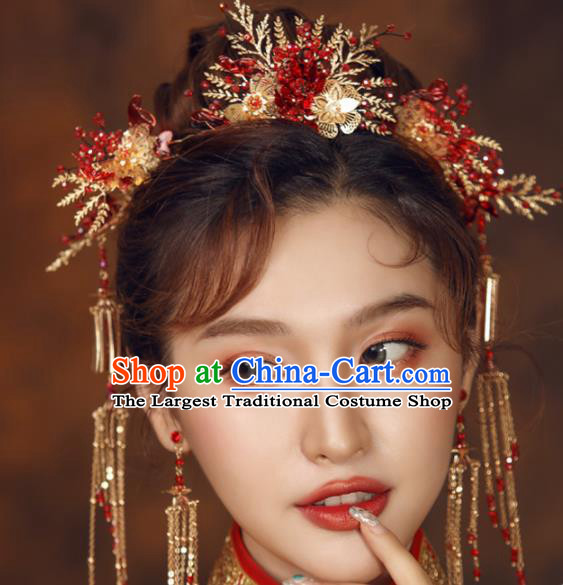 Top Chinese Traditional Wedding Hair Accessories Ancient Red Flowers Hairpins Complete Set for Women