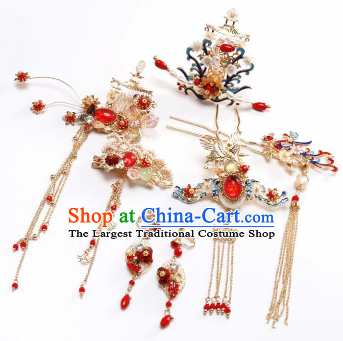 Top Chinese Traditional Hair Accessories Ancient Classical Palace Blueing Phoenix Hairpins Complete Set for Women