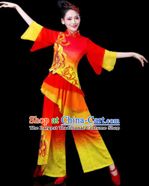 Chinese Traditional Folk Dance Costumes Fan Dance Yangko Group Dance Red Dress for Women