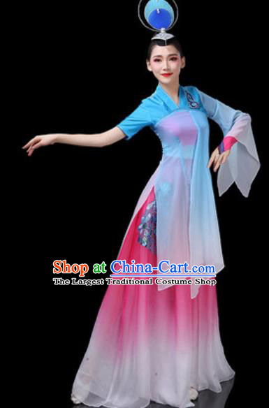 Chinese Traditional Classical Dance Costumes Fan Dance Group Dance Blue Dress for Women
