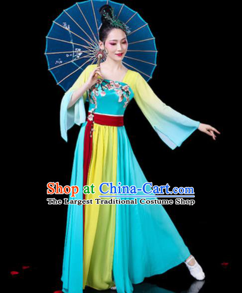 Chinese Classical Dance Umbrella Dance Costumes Traditional Lotus Dance Blue Dress for Women