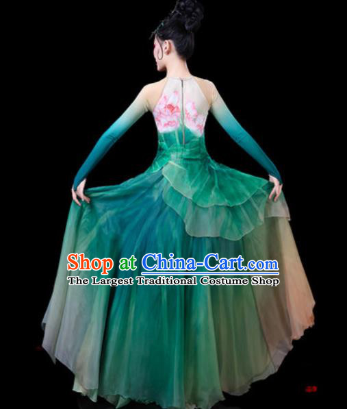 Chinese Classical Dance Umbrella Dance Costumes Traditional Lotus Dance Green Dress for Women