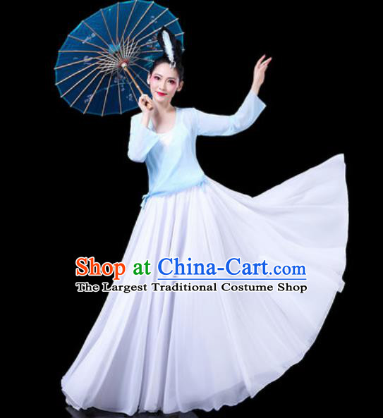Chinese Classical Dance Costumes Traditional Chorus Umbrella Dance Blue Dress for Women