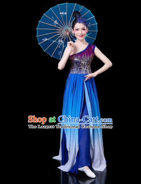 Chinese Classical Fan Dance Costumes Traditional Chorus Umbrella Dance Royalblue Dress for Women