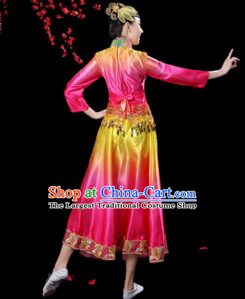 Chinese Classical Dance Umbrella Dance Rosy Dress Traditional Group Dance Chorus Costumes for Women